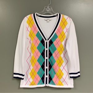 Liz Claiborne White Pink Green Yellow V-neck Button Front Cardigan 3/4 Sleeve SM